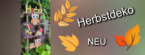 Neue Herbstdeko, Eulen auf Leiter mit Blättern und Pilzen hängt in Weinlaub