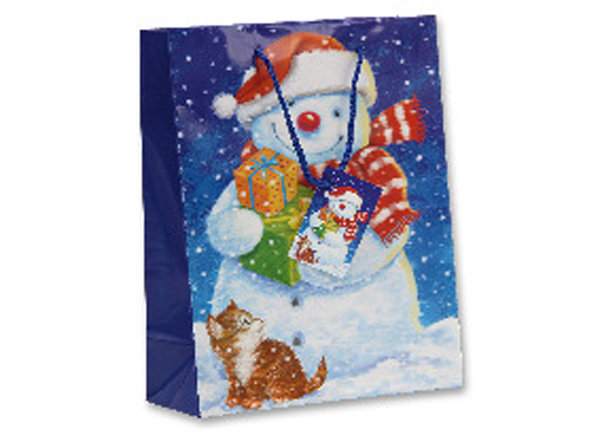 Geschenktüte Weihnachten 18x23cm Medium Schneemann mit Katze Geschenktasche